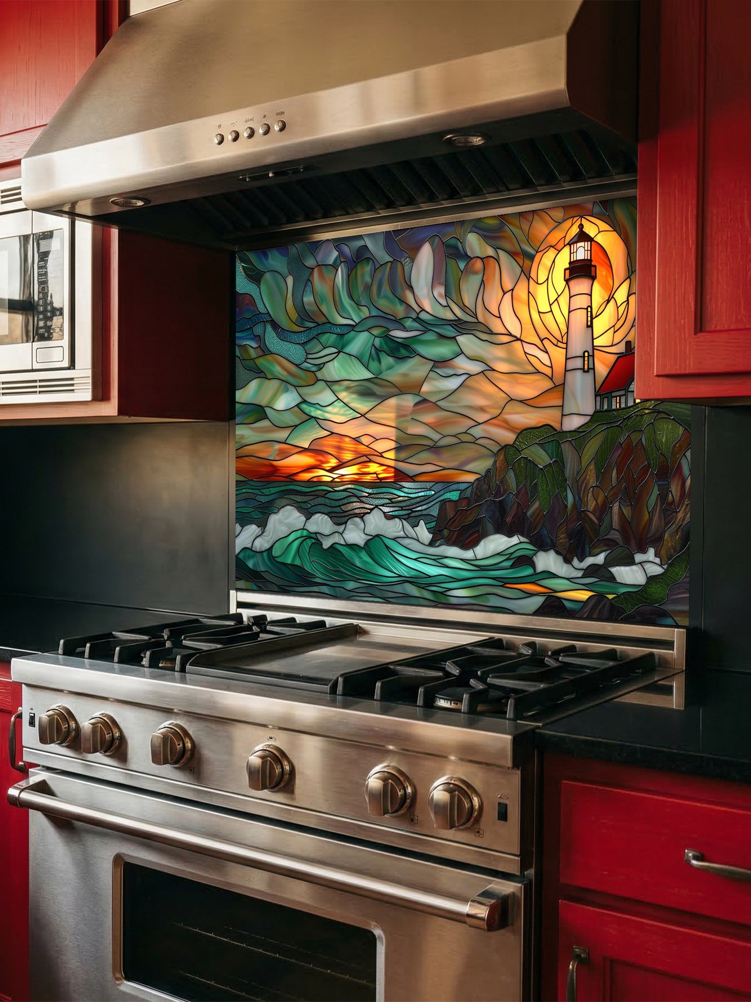 Tempered glass kitchen backsplash featuring a highly realistic 3D illusion of scenic stained glass art showing a classic lighthouse with a red roof on a rocky cliff overlooking turbulent teal ocean waves under a vibrant orange and amber sunset sky, installed behind a modern black stove.
