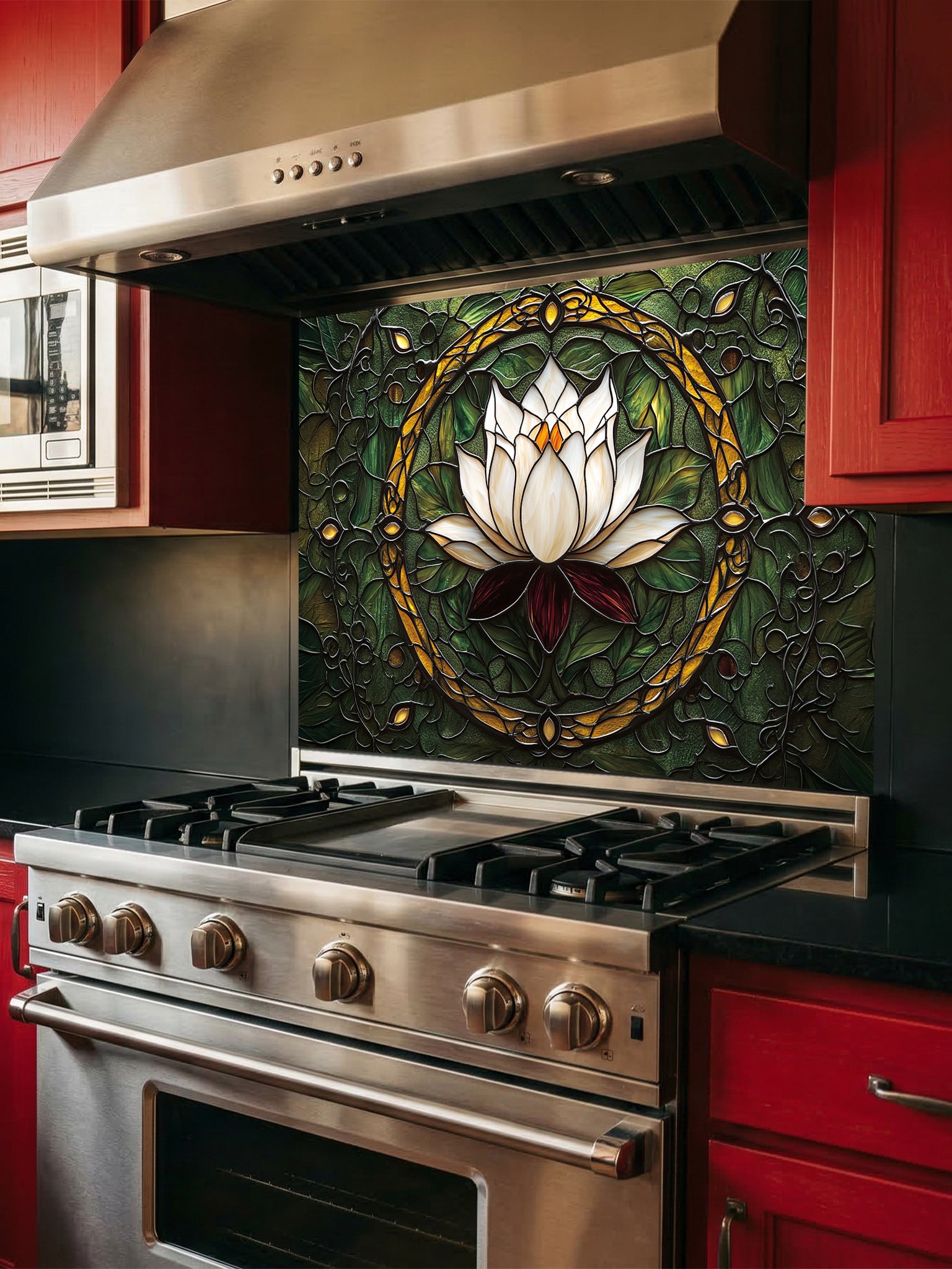 Stainless steel oven with decorative mosaic glass backsplash featuring a white flower design.