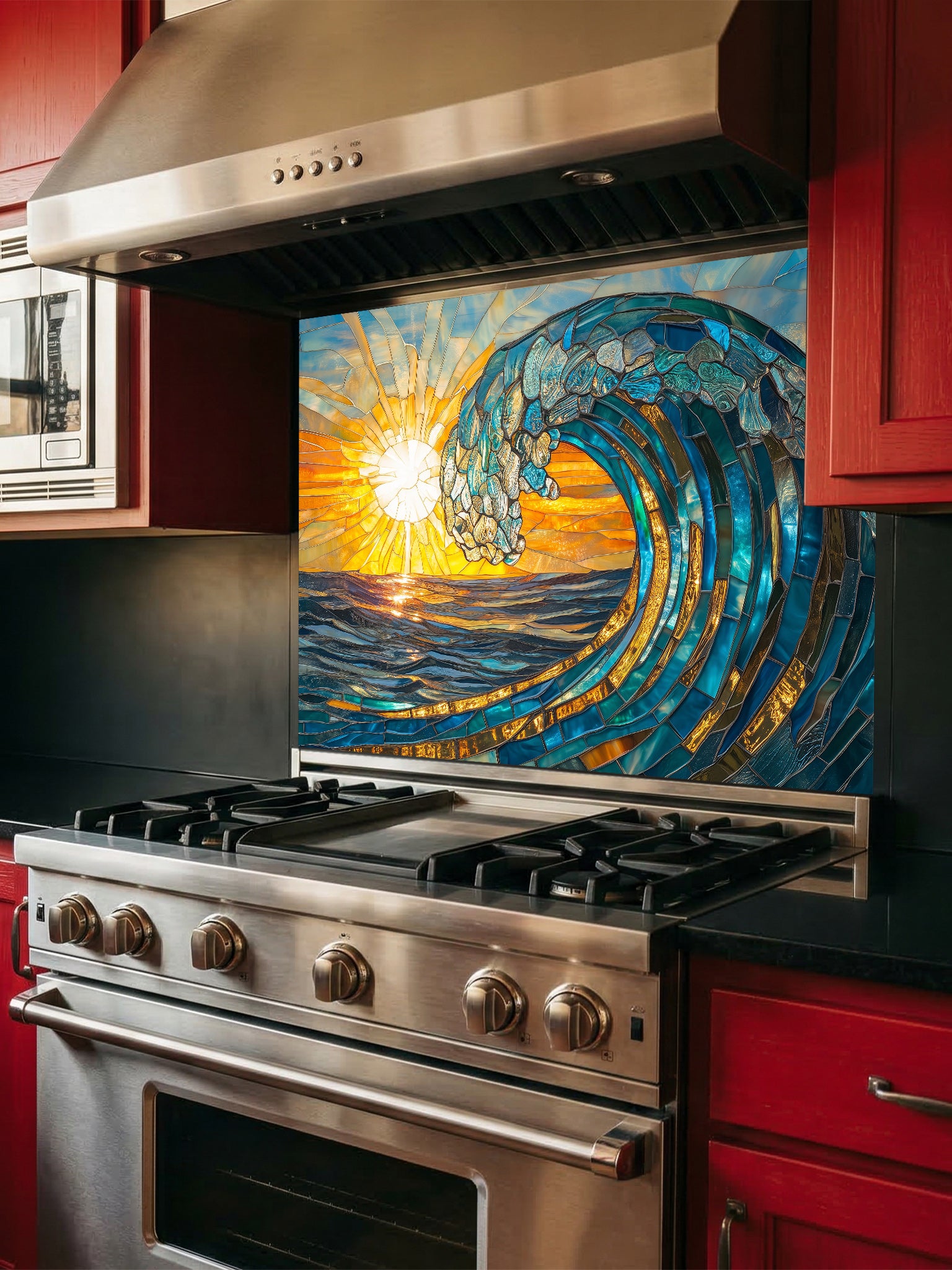 Stainless steel oven with a decorative glass panel featuring a wave design in a kitchen setting.