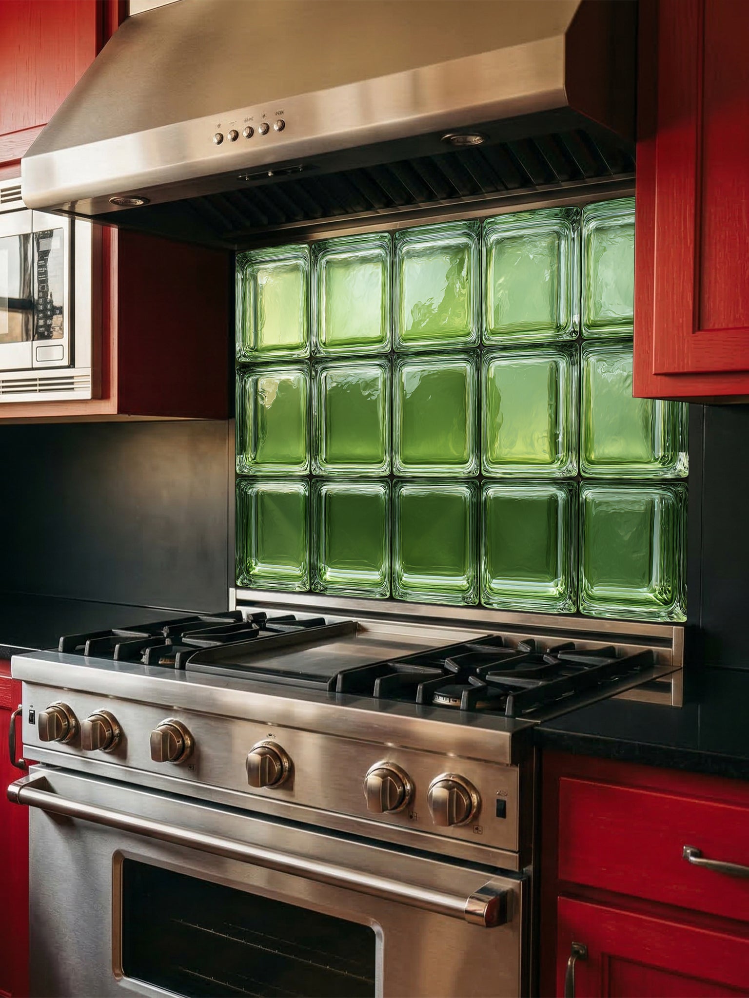 Tempered glass kitchen backsplash featuring a highly realistic 3D illusion of architectural glass blocks in vibrant translucent vintage green with authentic wavy textures, installed behind a modern black stove.