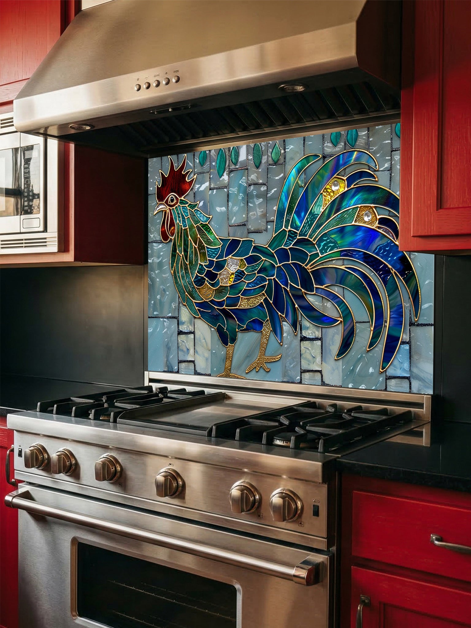 Tempered glass kitchen backsplash featuring a vibrant faux stained glass rooster with jewel-toned sapphire and emerald feathers and gold outlines, set against a light blue vertical mosaic tile background.