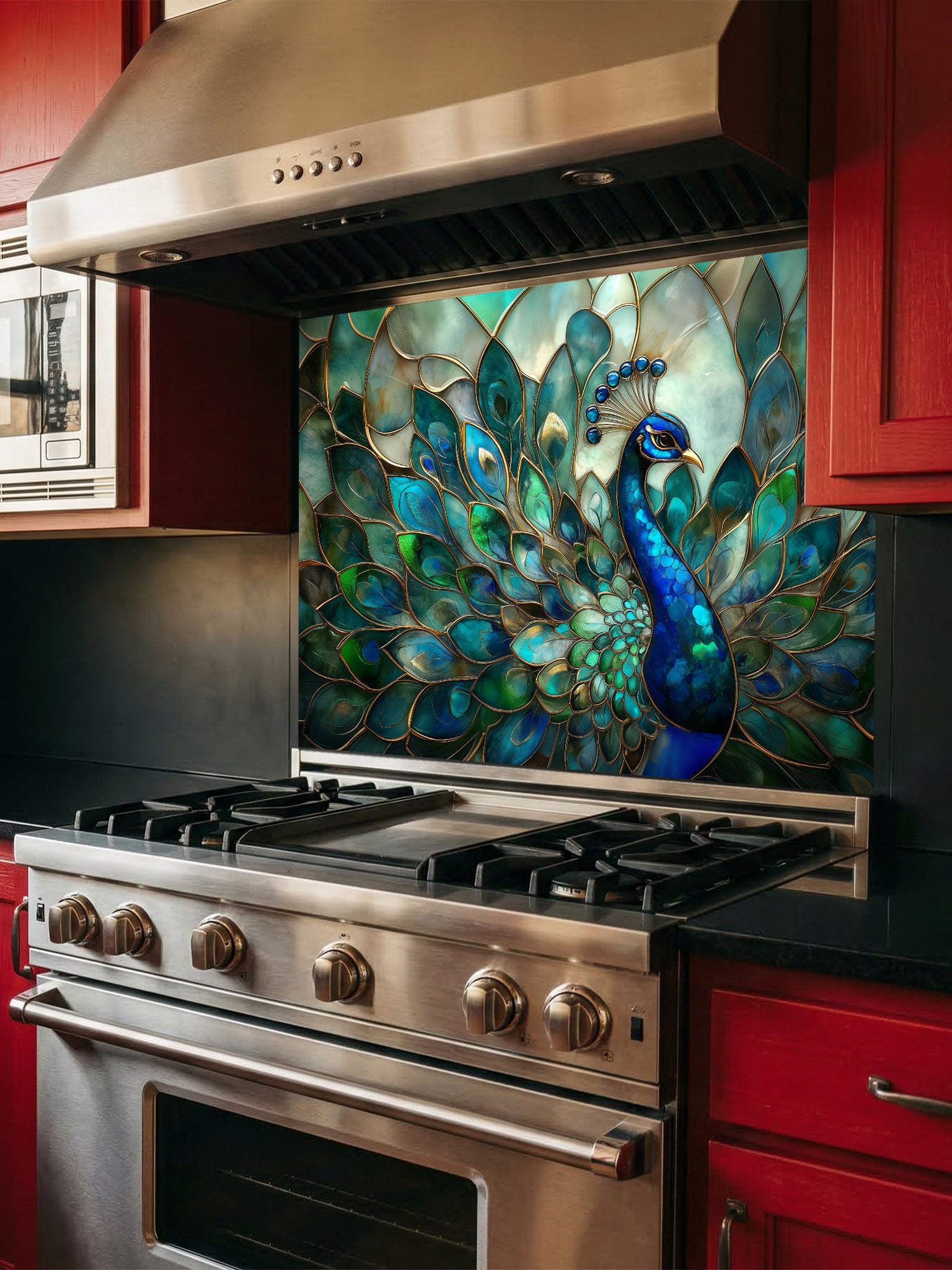 Tempered glass kitchen backsplash featuring a highly realistic 3D illusion of Art Nouveau stained glass showing a magnificent peacock with flowing teal, emerald, and sapphire feathers outlined in gold, installed behind a modern stainless steel stove.