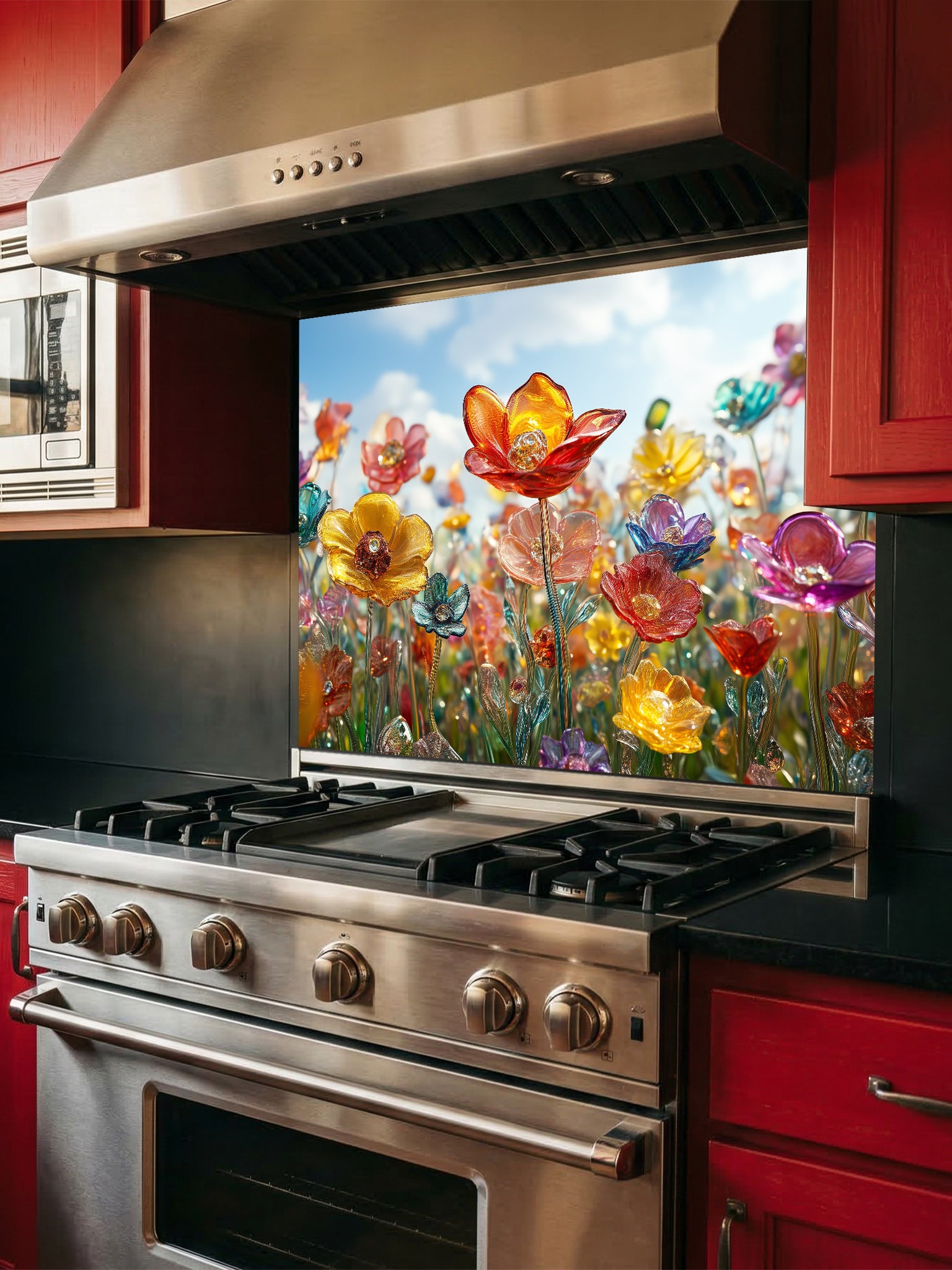 Tempered glass kitchen backsplash featuring a highly realistic 3D illusion of delicate blown glass wildflowers in vibrant translucent jewel tones against a bright blue sky, installed behind a modern stainless steel stove.