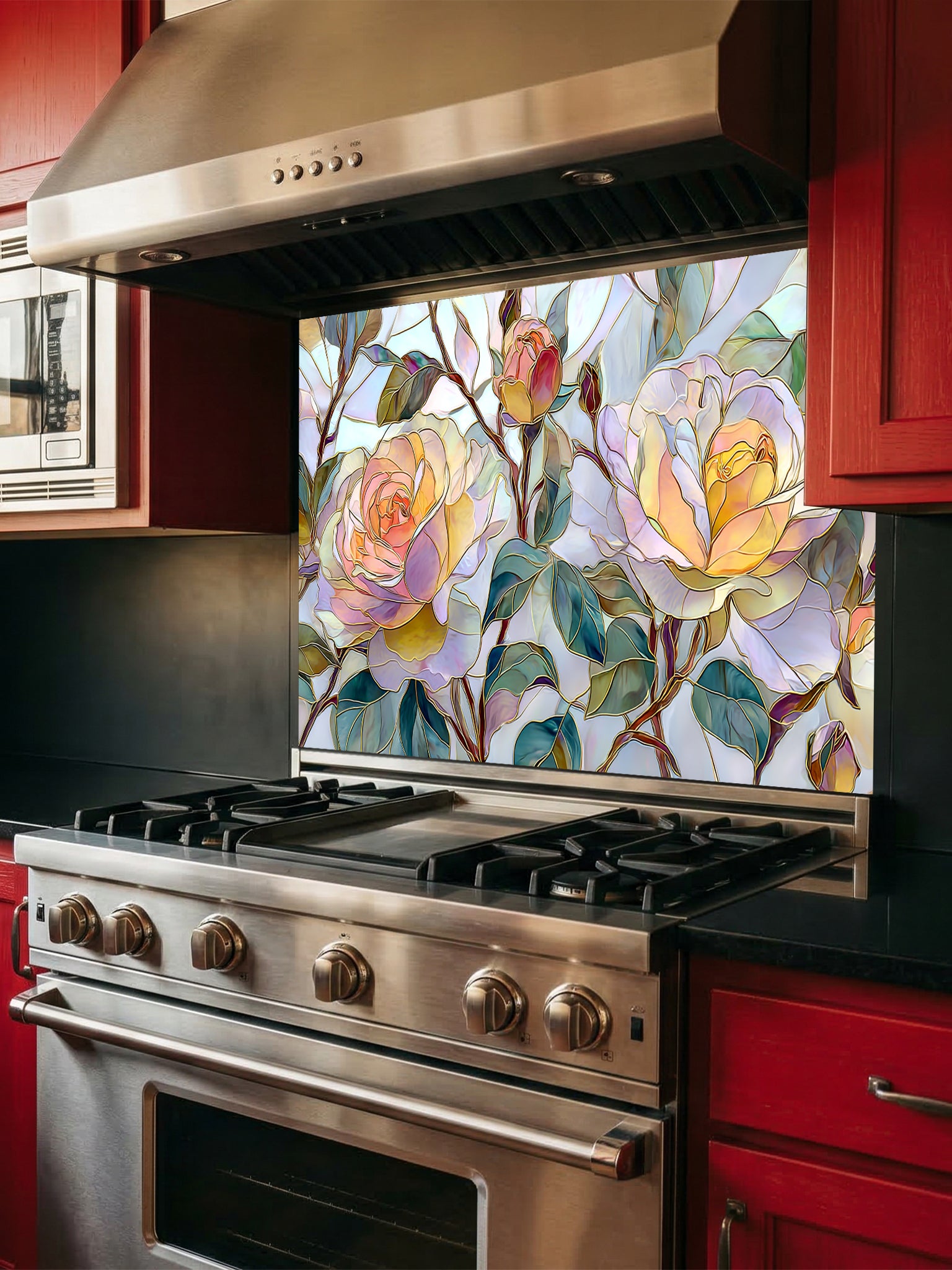 Tempered glass kitchen backsplash featuring a highly realistic 3D illusion of stained glass and watercolor art showing large, delicate blooming roses in pastel yellow, peach, and blush pink with teal green leaves, installed behind a modern black stove.