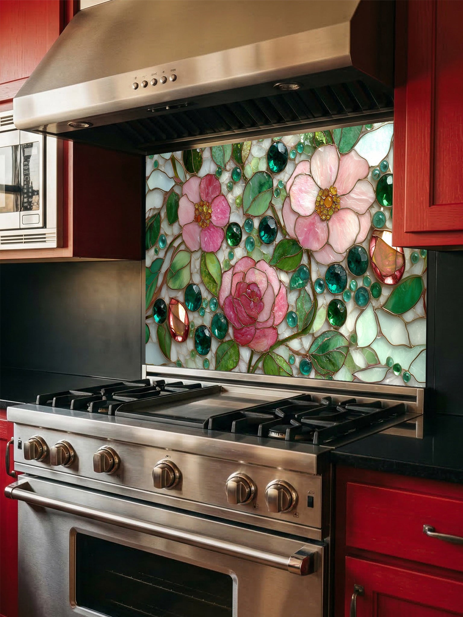Tempered glass kitchen backsplash featuring a highly realistic faux stained glass design of delicate pink roses, green leaves, and jewel-like glass beads on a pale mosaic background, installed behind a modern stainless steel stove.