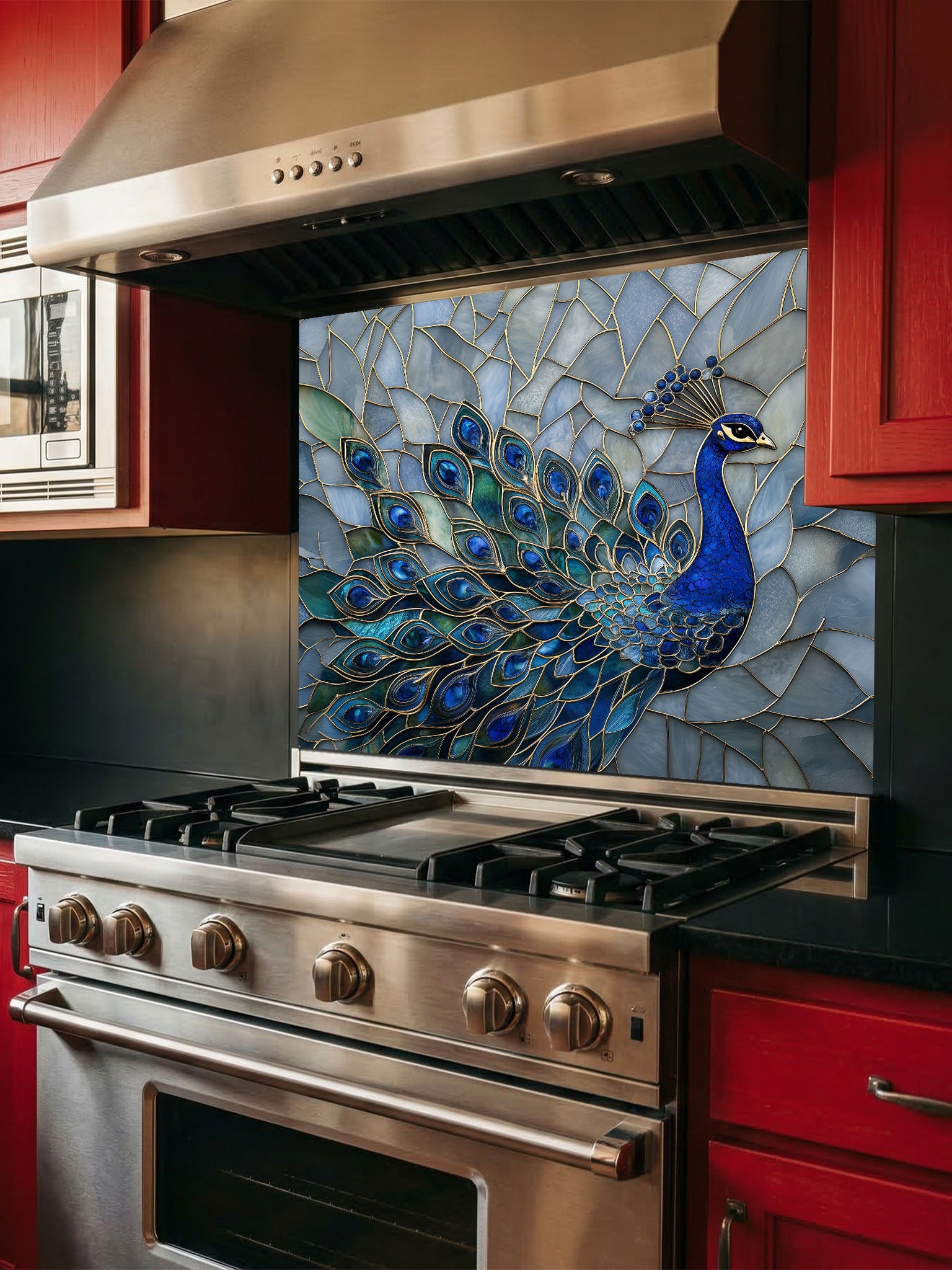Tempered glass kitchen backsplash featuring a highly realistic 3D illusion of a stained glass mosaic showing a regal royal blue peacock with elegant gold outlines against an icy blue background, installed behind a modern stainless steel stove.