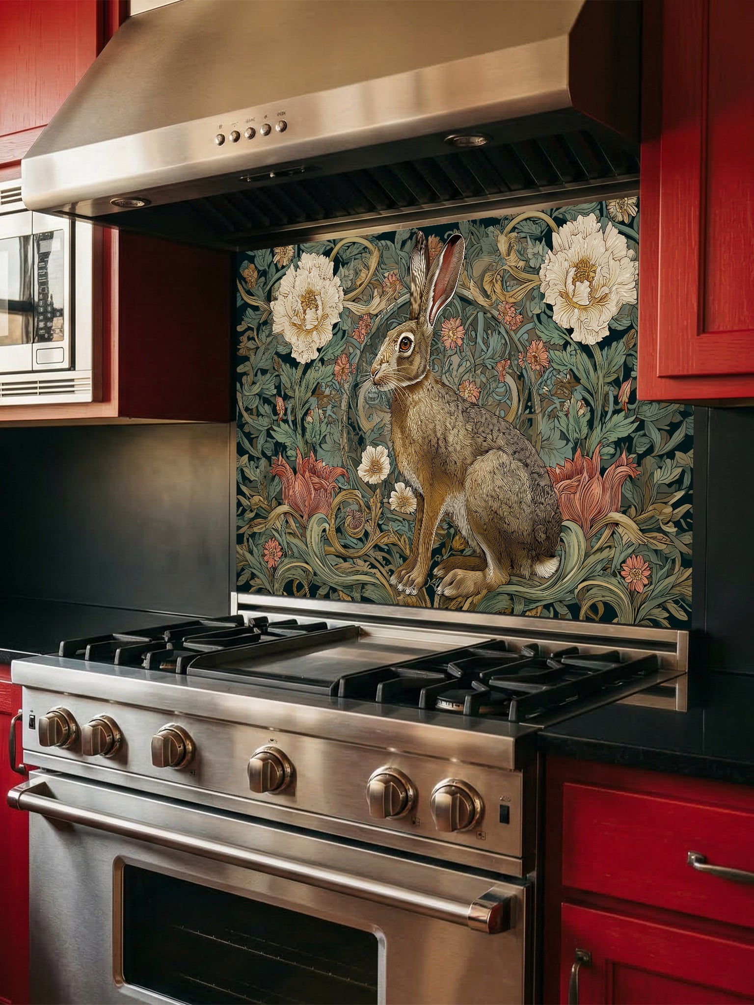 Stainless steel stove with decorative backsplash featuring a rabbit and floral design in a kitchen setting.