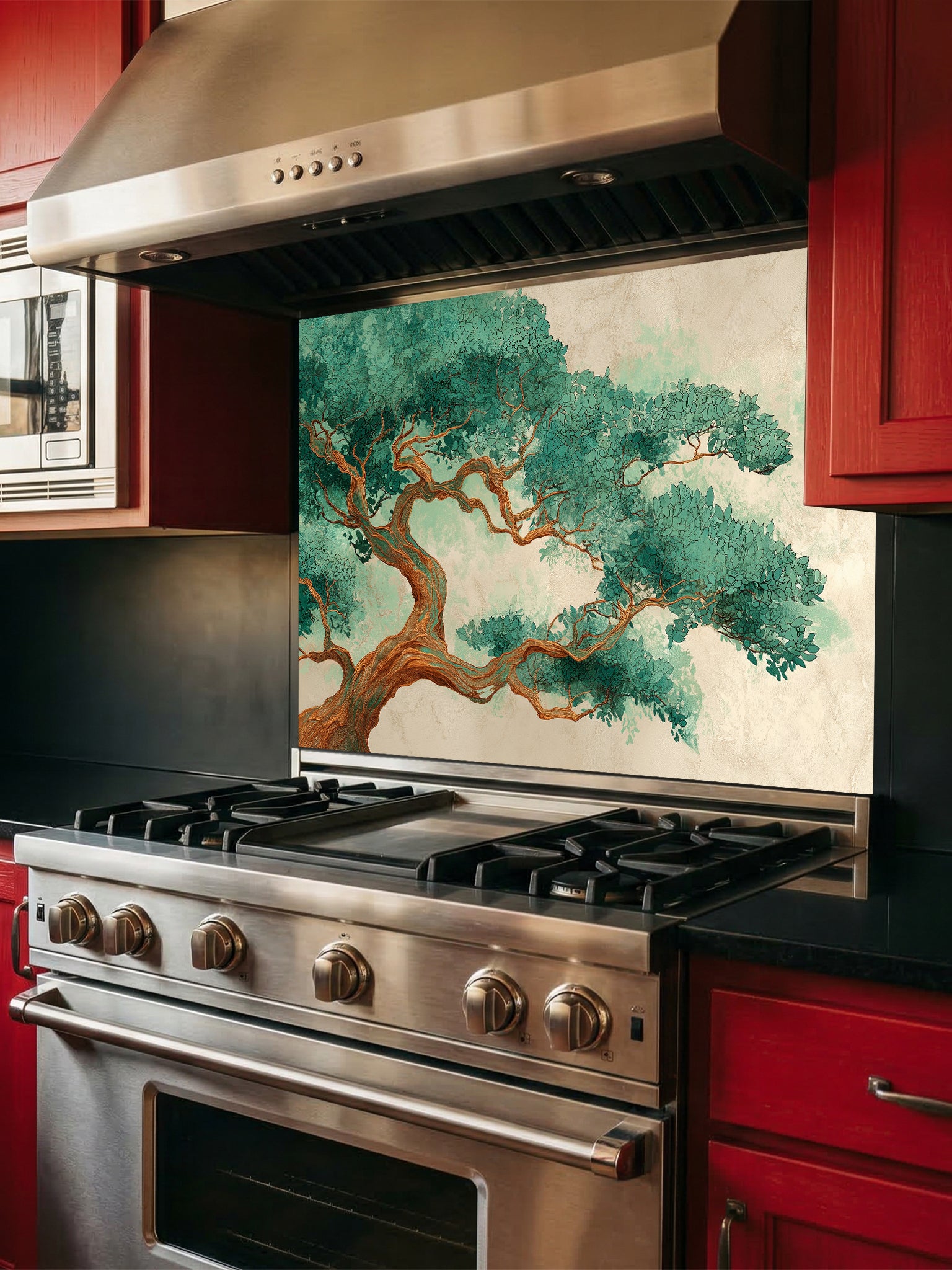 Traditional Asian art style illustration of an ancient bonsai pine tree with lush green needles on a textured beige background, UV printed on a smooth tempered glass kitchen backsplash.