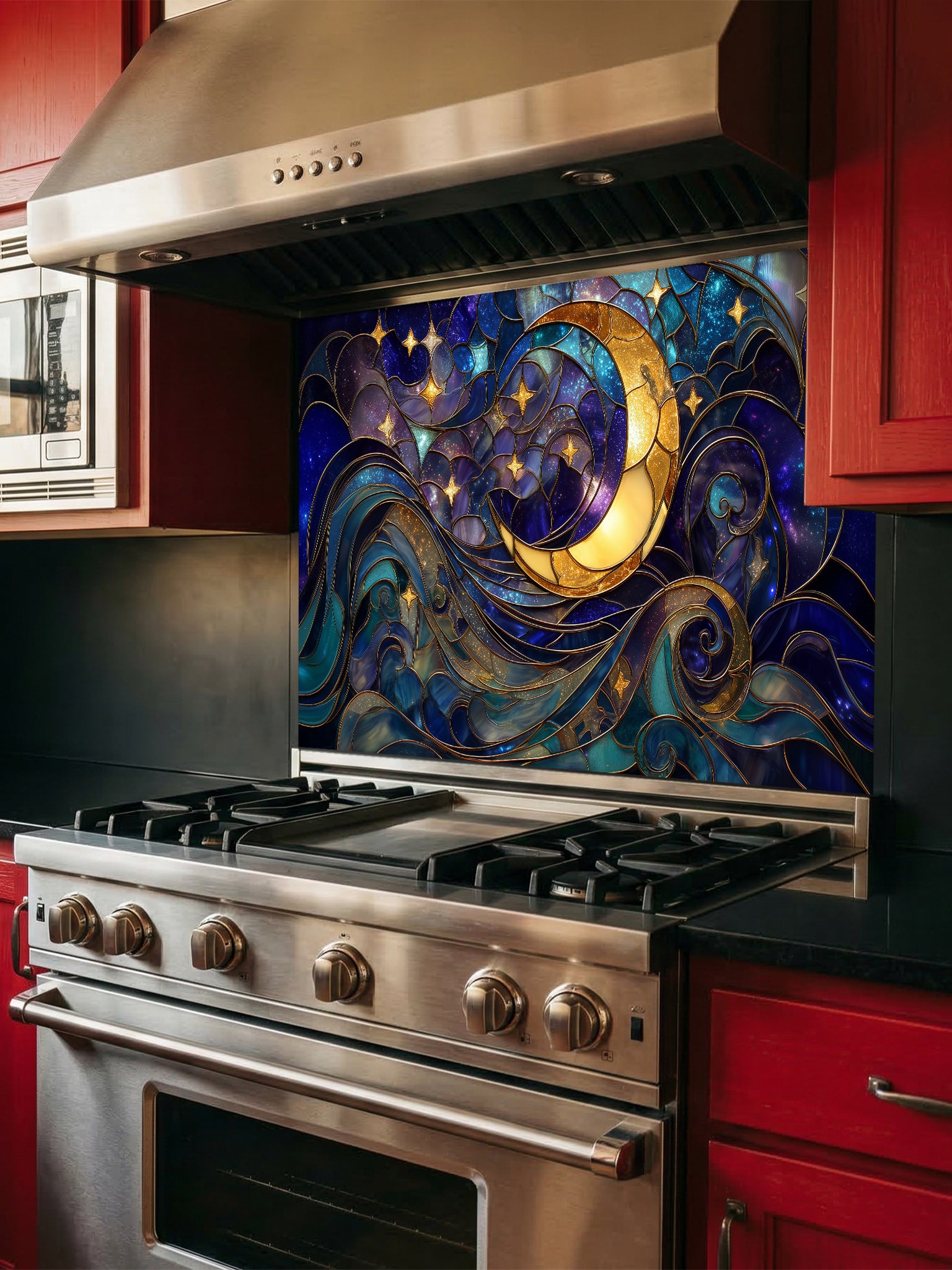 Tempered glass kitchen backsplash featuring a highly realistic 3D illusion of stained glass art showing a glowing golden crescent moon and stars swirling in a deep blue night sky, installed behind a modern stainless steel stove.