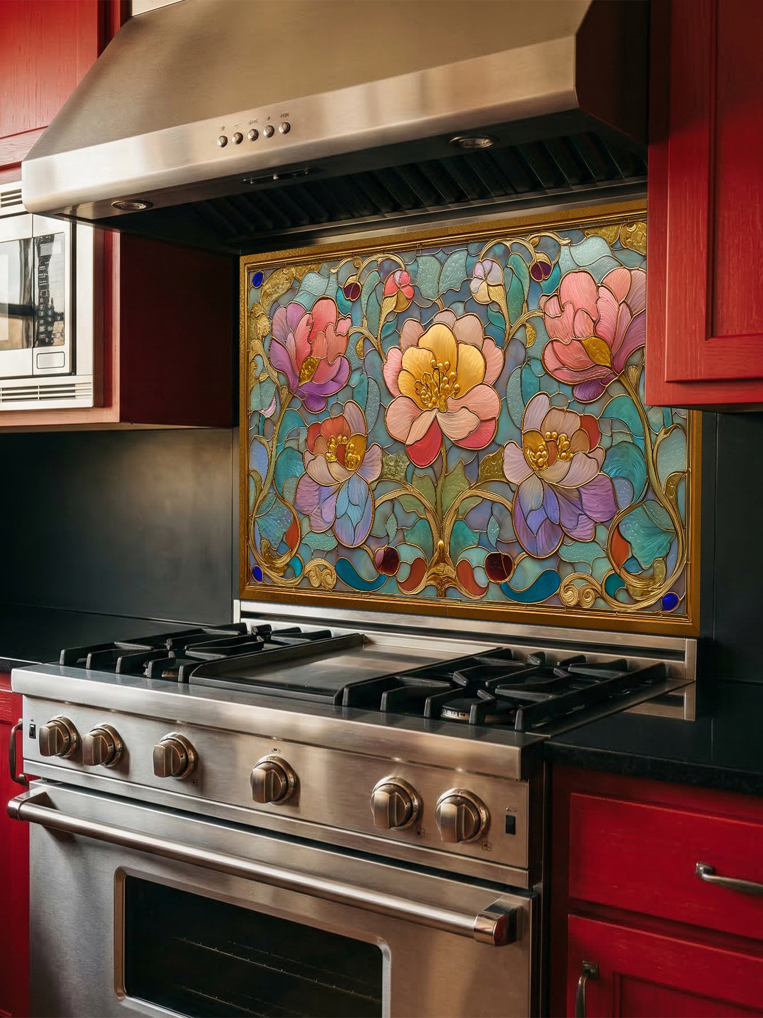 Stained glass style Art Nouveau floral pattern with pink and gold flowers inside an ornate faux-gold frame, UV printed on a smooth tempered glass kitchen backsplash, installed behind a modern stove.