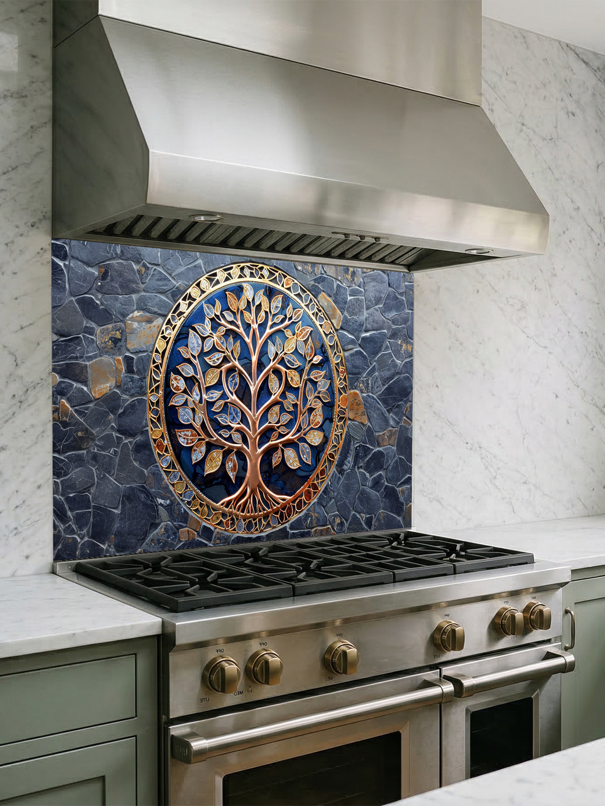 Stainless steel range with decorative glass backsplash featuring a tree design.