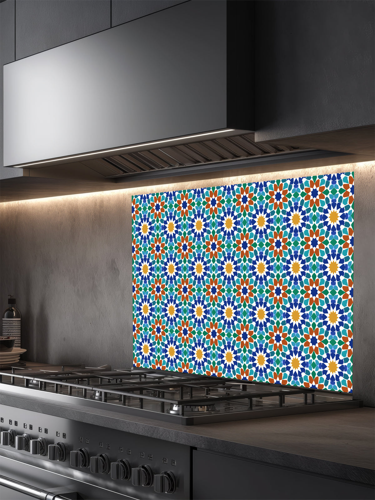Colorful geometric patterned backsplash on a kitchen stove