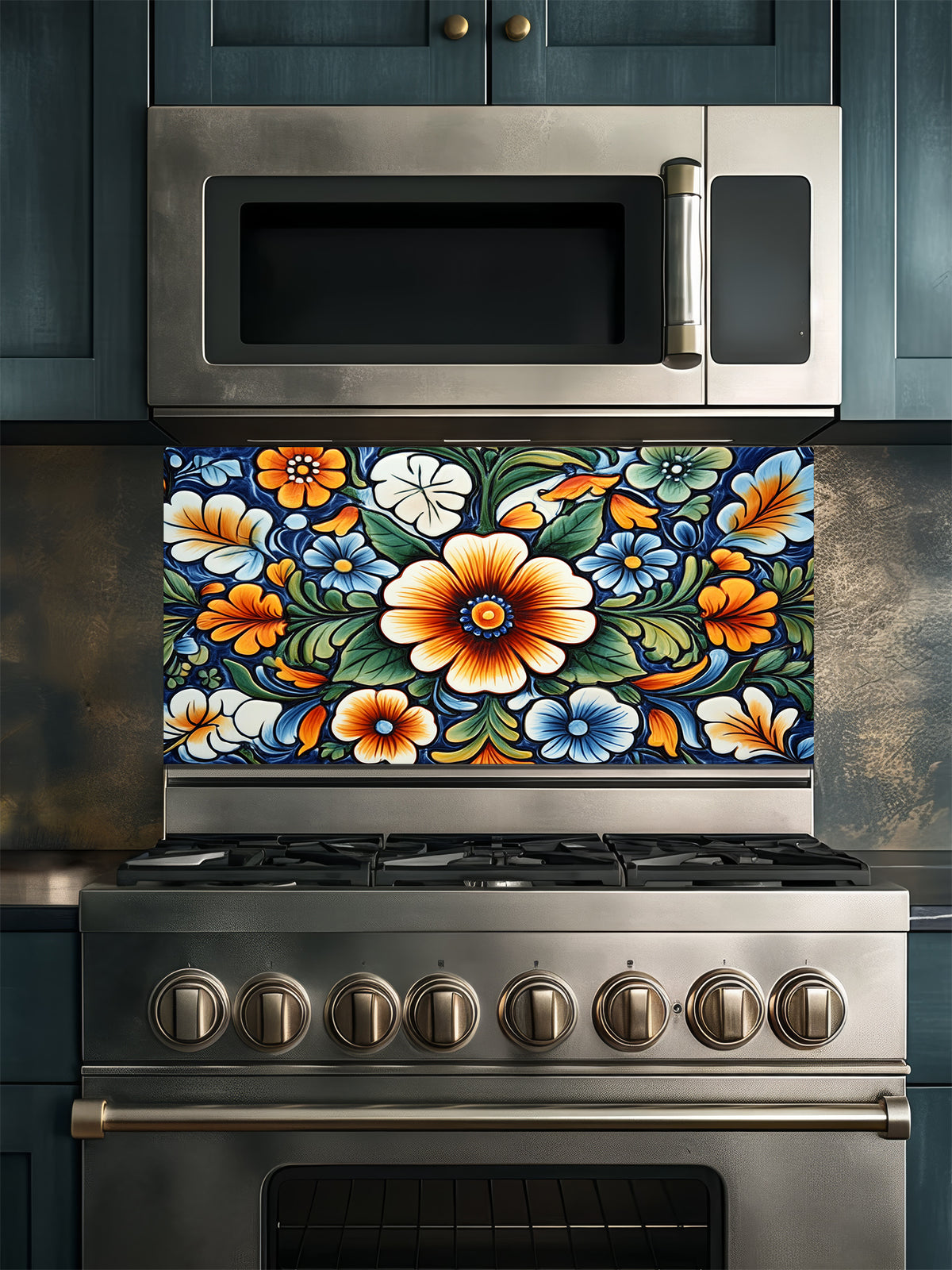Vibrant Mexican Talavera style floral pattern in blue, orange, and green, UV printed on a smooth tempered glass kitchen backsplash, installed behind a modern stove.