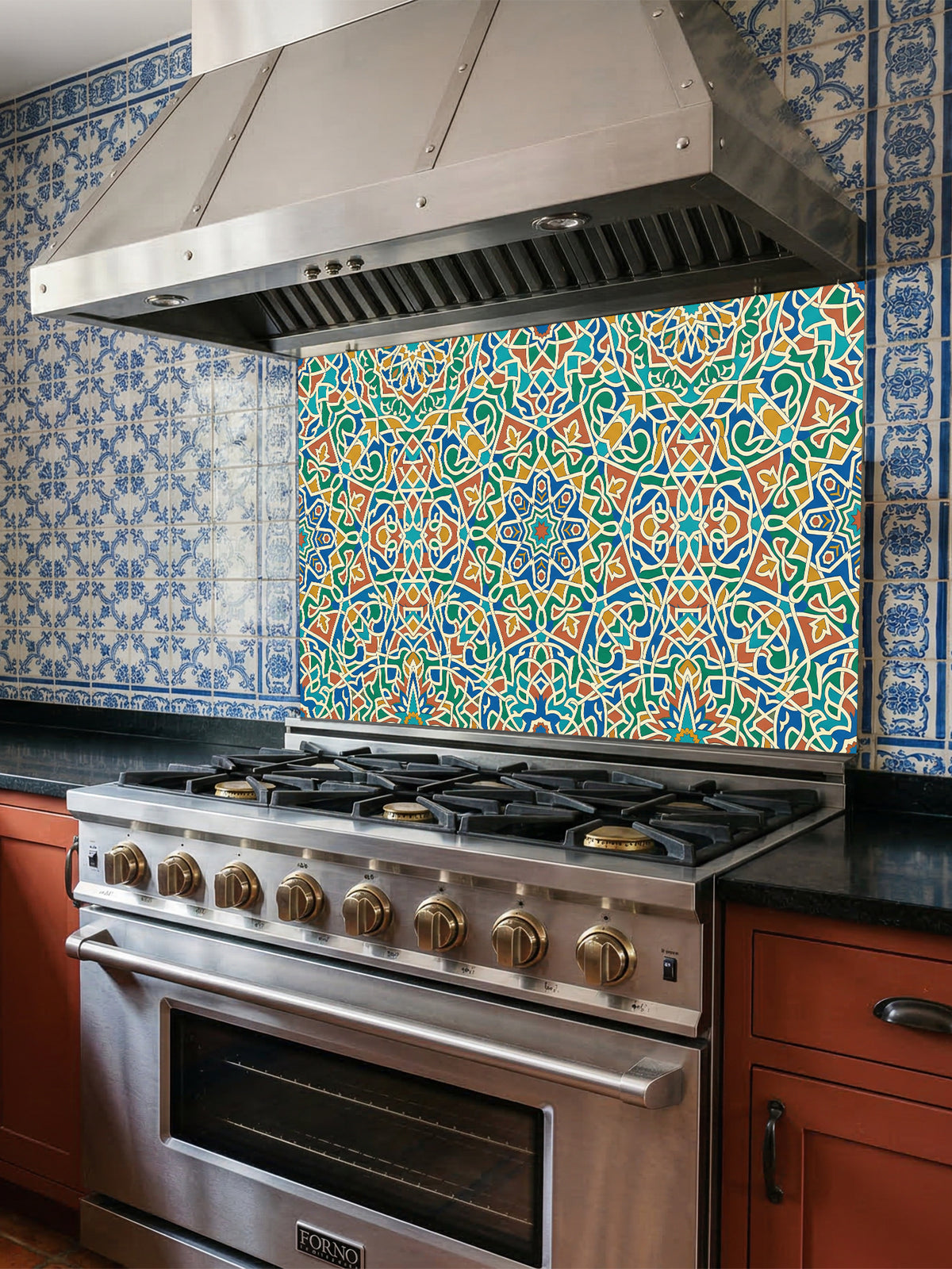 Stainless steel oven with colorful patterned backsplash in a kitchen setting