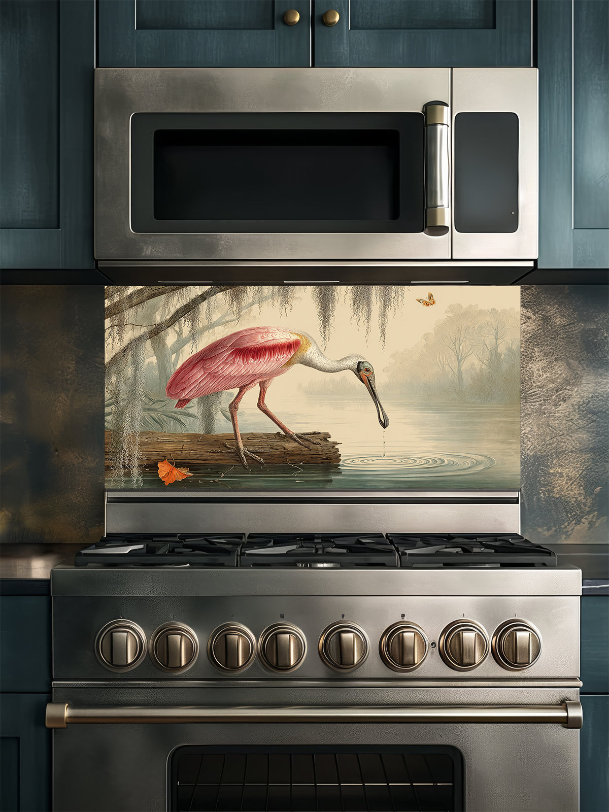 Tempered glass kitchen backsplash featuring a highly realistic illusion of a vintage Audubon-style naturalist illustration showing a beautiful pink roseate spoonbill bird wading in a swamp with weeping Spanish moss against an aged parchment background, installed behind a modern black stove.