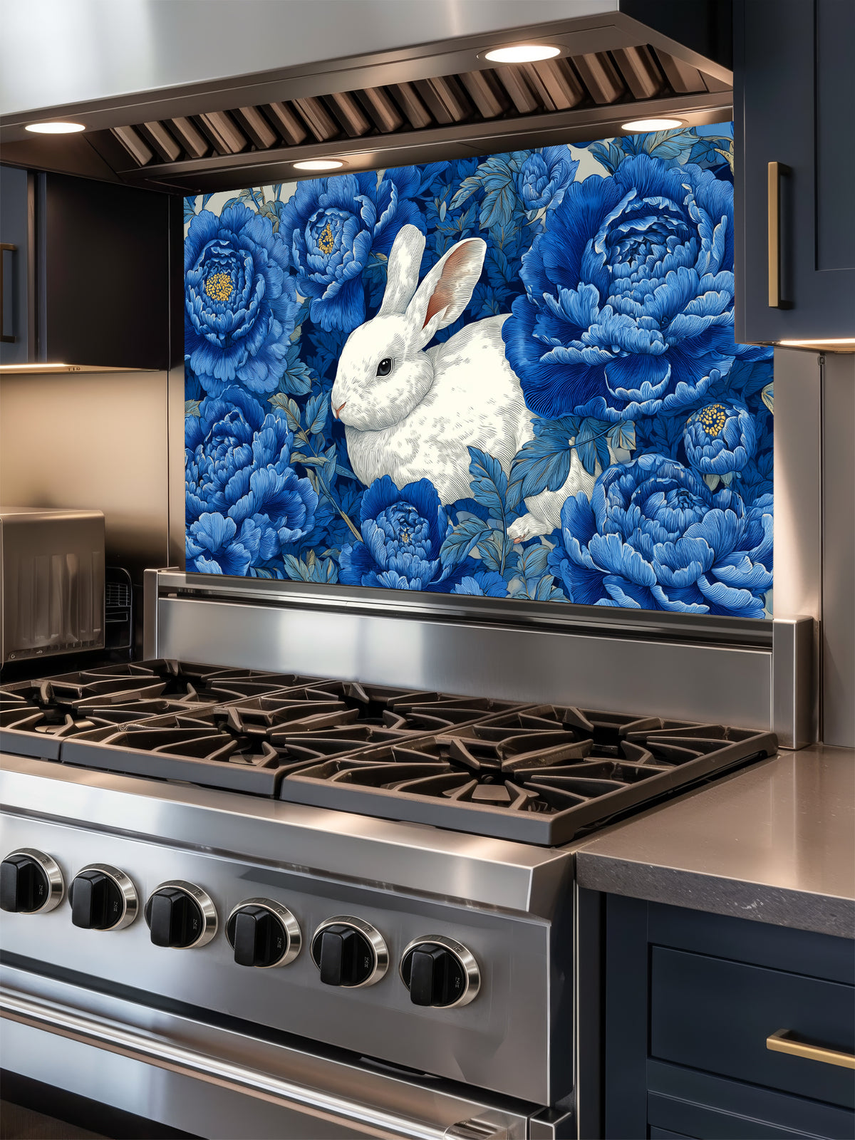 Vintage style illustration of a white rabbit sitting among large deep blue peony flowers, UV printed on a smooth tempered glass kitchen backsplash, installed behind a modern stove.