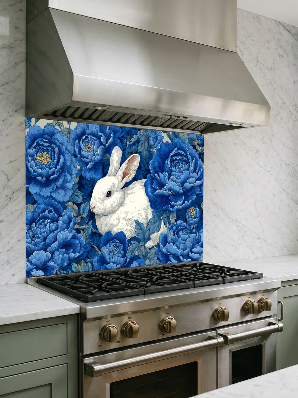 Vintage style illustration of a white rabbit sitting among large deep blue peony flowers, UV printed on a smooth tempered glass kitchen backsplash, installed behind a modern stove.