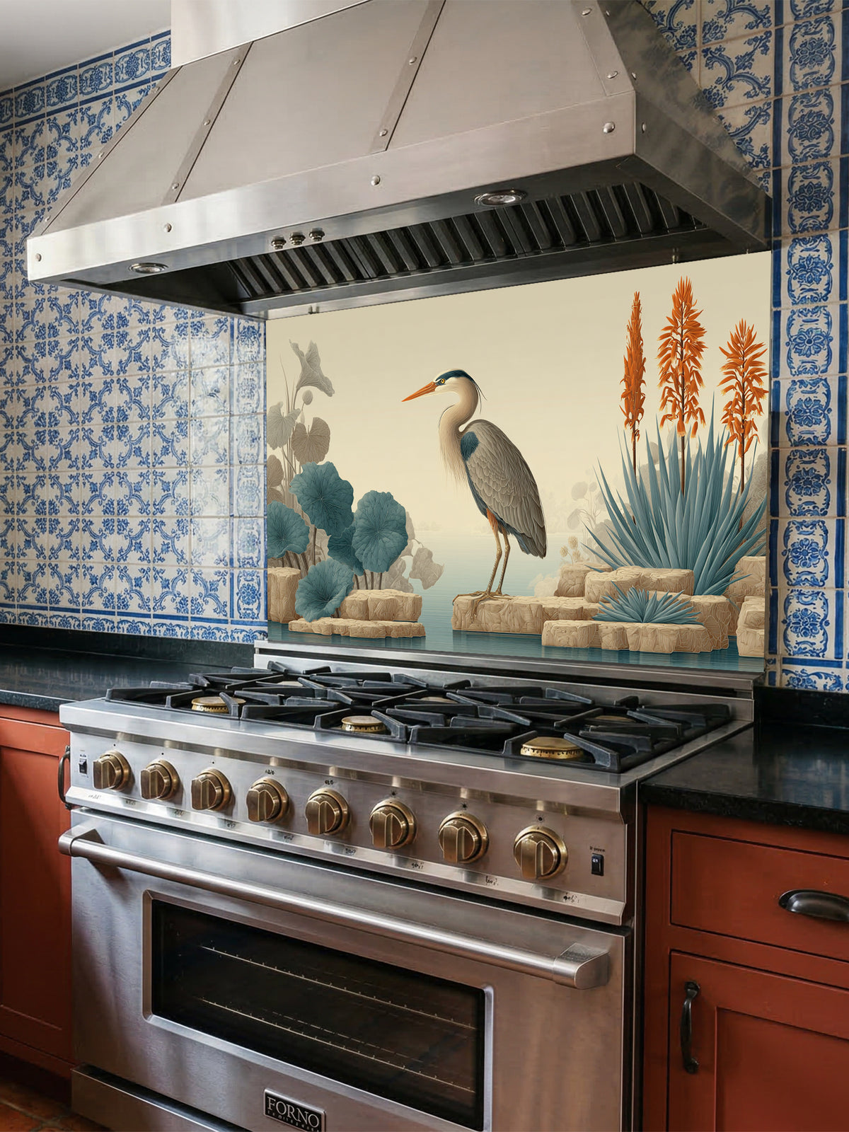 Tempered glass kitchen backsplash featuring a highly realistic illusion of a vintage naturalist illustration showing a serene blue heron standing on beige rocks among muted teal lotus leaves and tall orange exotic flowers against a soft cream background, installed behind a modern black stove.