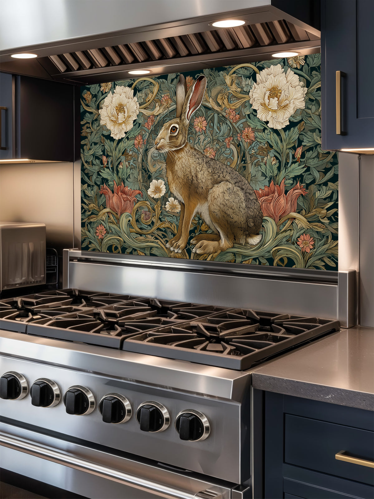 Stainless steel stove with decorative rabbit and floral pattern on the backsplash