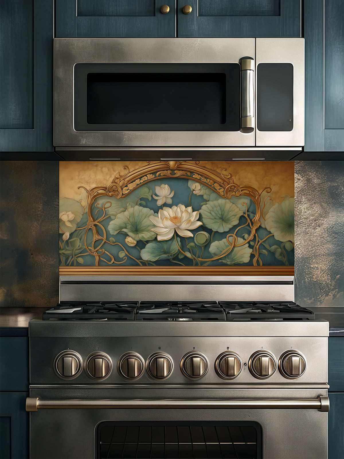 Tempered glass kitchen backsplash featuring a realistic 3D-effect ornate vintage gold frame enclosing a classic painting of white lotus flowers and lily pads on a teal background, installed behind a modern stainless steel stove.
