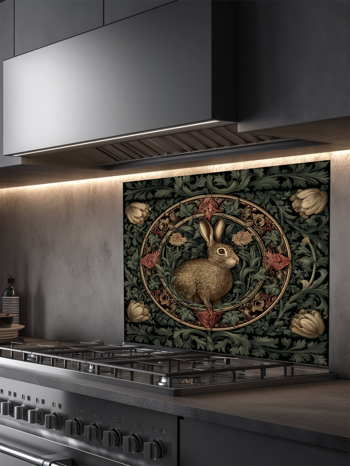 Tempered glass kitchen backsplash featuring a vintage-style dark botanical design with an ornate circular floral frame enclosing a classic illustration of a brown woodland hare, installed behind a modern stainless steel stove.