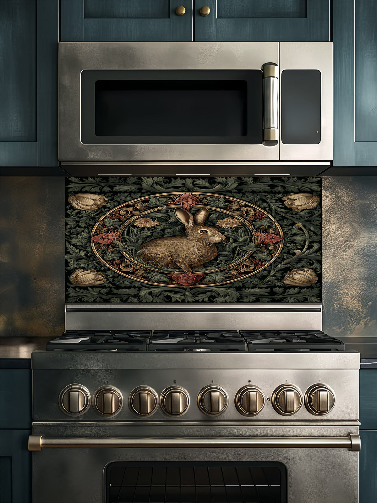 Tempered glass kitchen backsplash featuring a vintage-style dark botanical design with an ornate circular floral frame enclosing a classic illustration of a brown woodland hare, installed behind a modern stainless steel stove.
