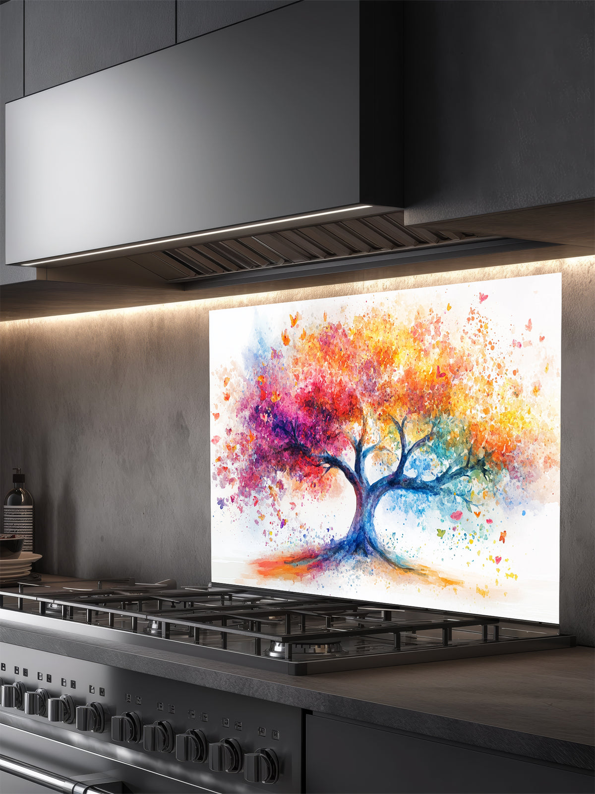 Vibrant watercolor style Tree of Life with colorful paint splatters in rainbow hues, UV printed on a smooth tempered glass kitchen backsplash.