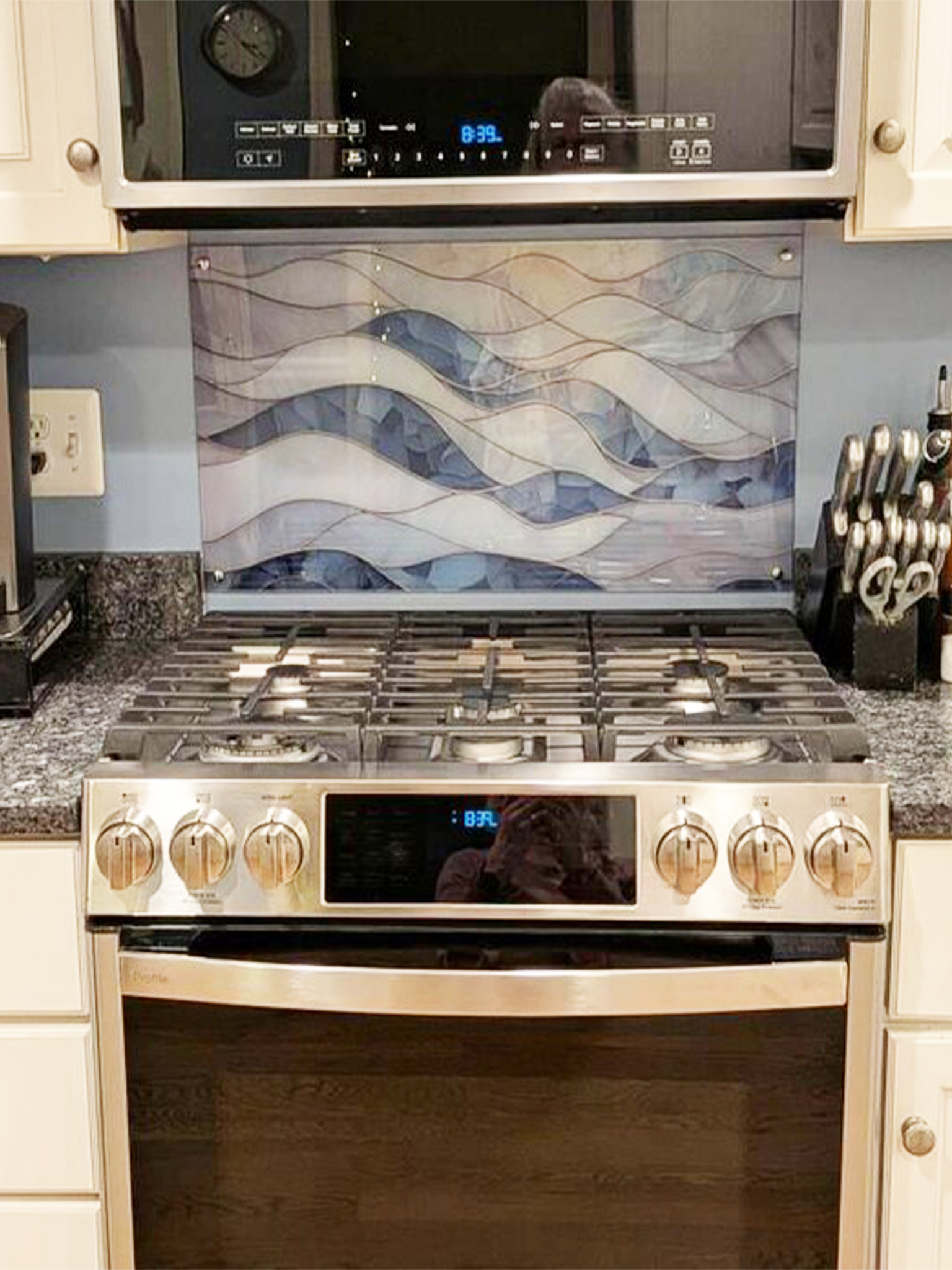 Custom Size Tempered Glass Kitchen Backsplash - Elegant Layered Pearl Blue Wave Stained Glass Effect Splashback