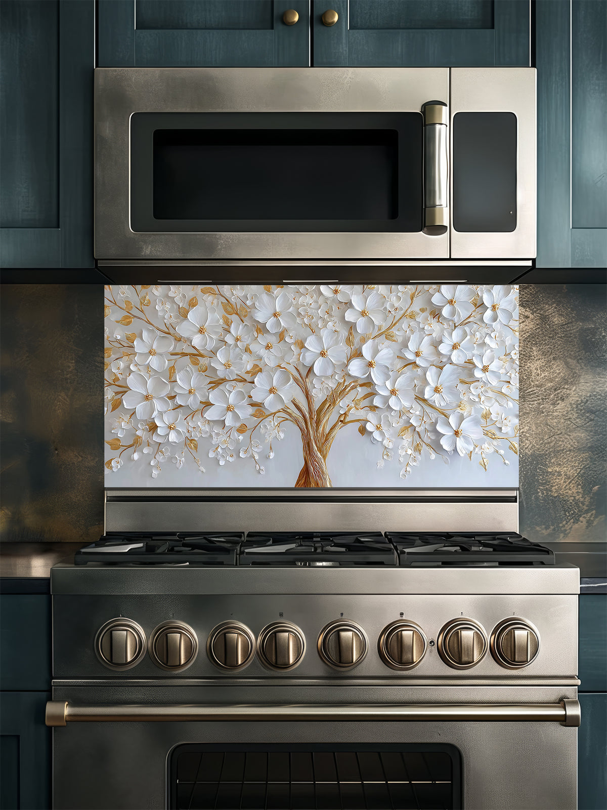 Faux 3D impasto style painting of a white floral tree with heavy gold accents on a crisp white background, UV printed on a smooth tempered glass kitchen backsplash.