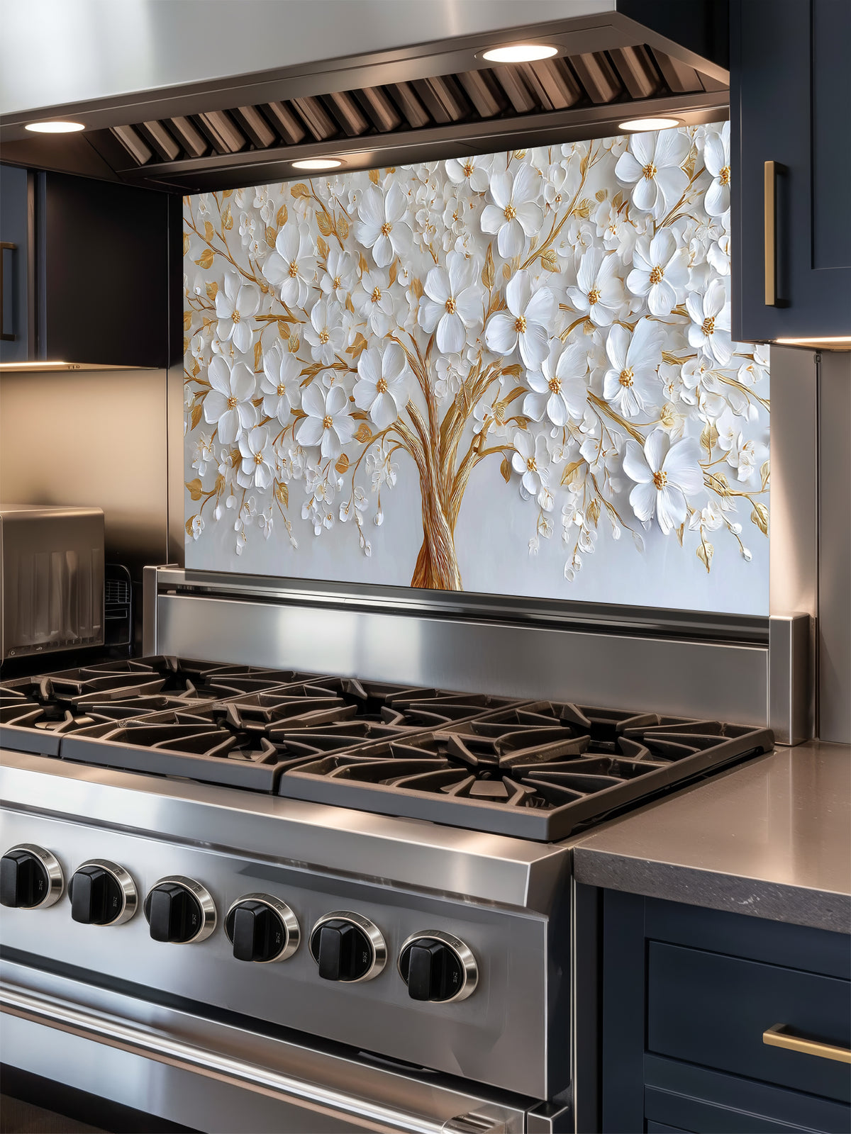 Faux 3D impasto style painting of a white floral tree with heavy gold accents on a crisp white background, UV printed on a smooth tempered glass kitchen backsplash.