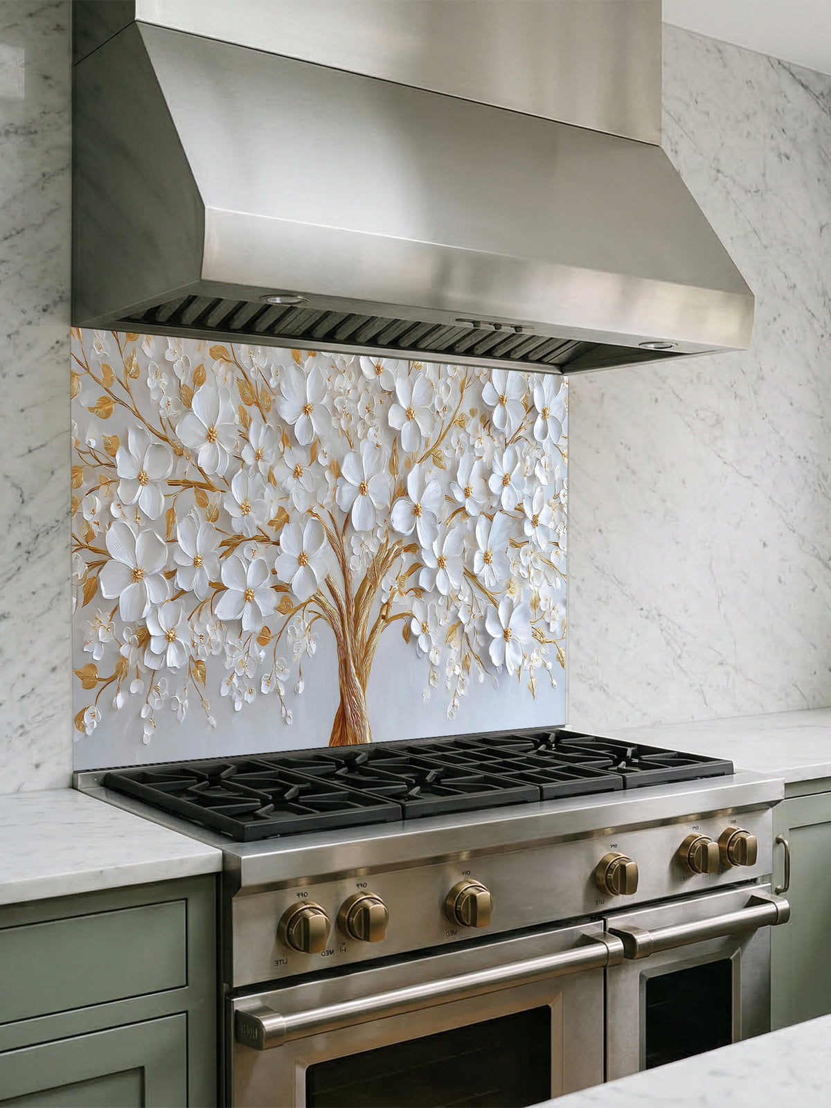 Faux 3D impasto style painting of a white floral tree with heavy gold accents on a crisp white background, UV printed on a smooth tempered glass kitchen backsplash.