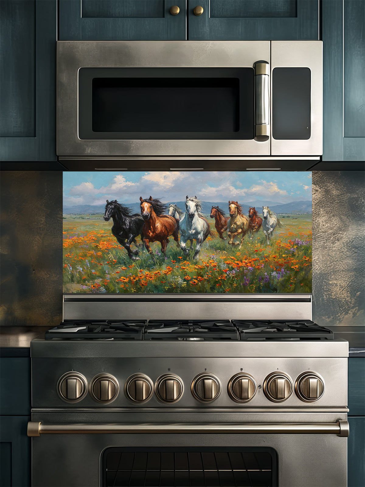 Stainless steel oven with decorative glass backsplash of horses and flowers in a kitchen setting