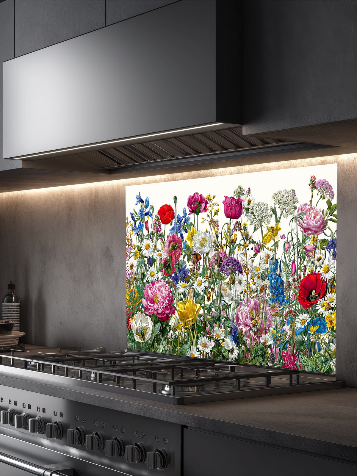 Vibrant spring meadow pattern featuring colorful wildflowers, red poppies, and daisies on a crisp white background, UV printed on a smooth tempered glass kitchen backsplash.