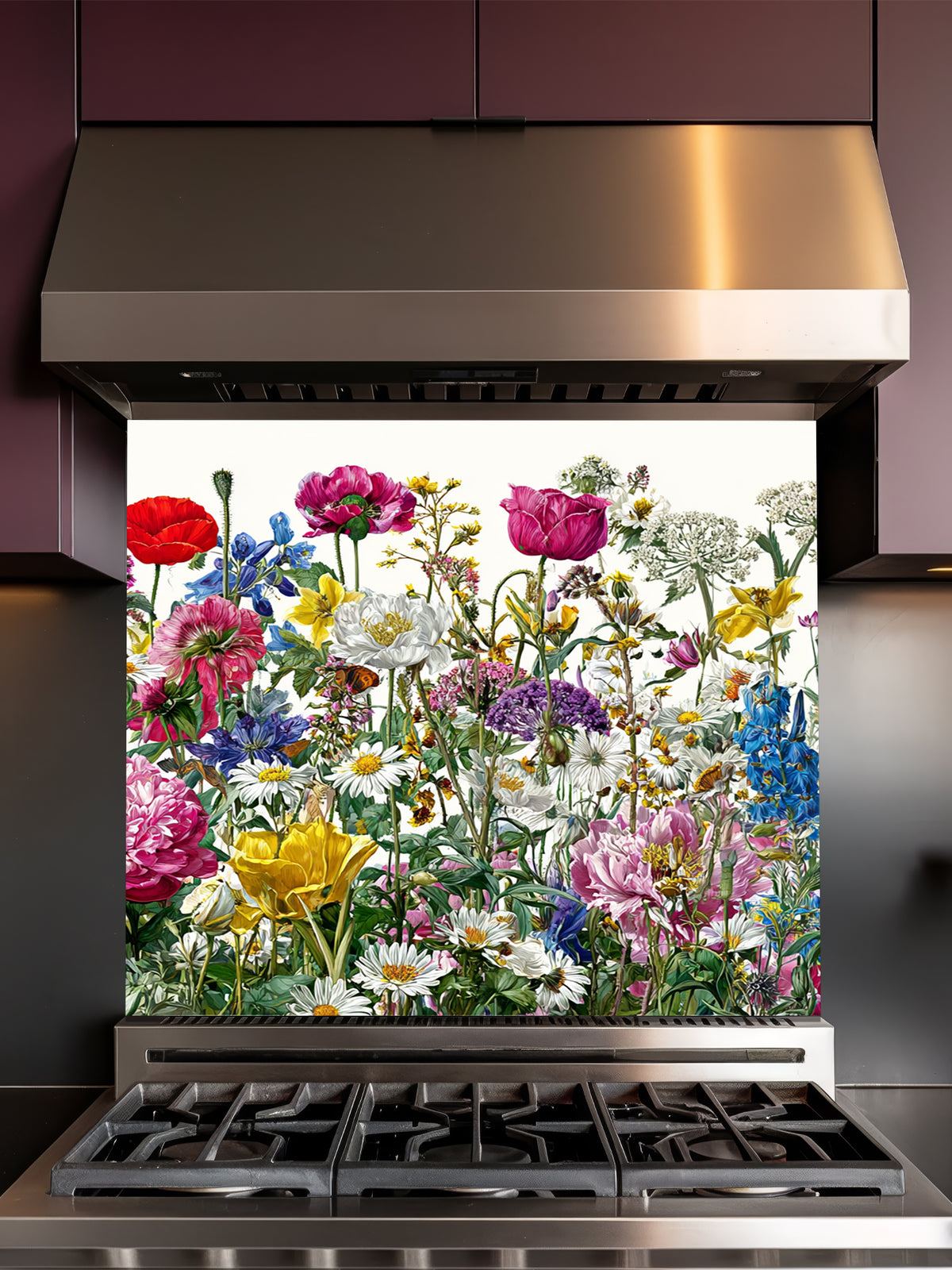 Vibrant spring meadow pattern featuring colorful wildflowers, red poppies, and daisies on a crisp white background, UV printed on a smooth tempered glass kitchen backsplash.