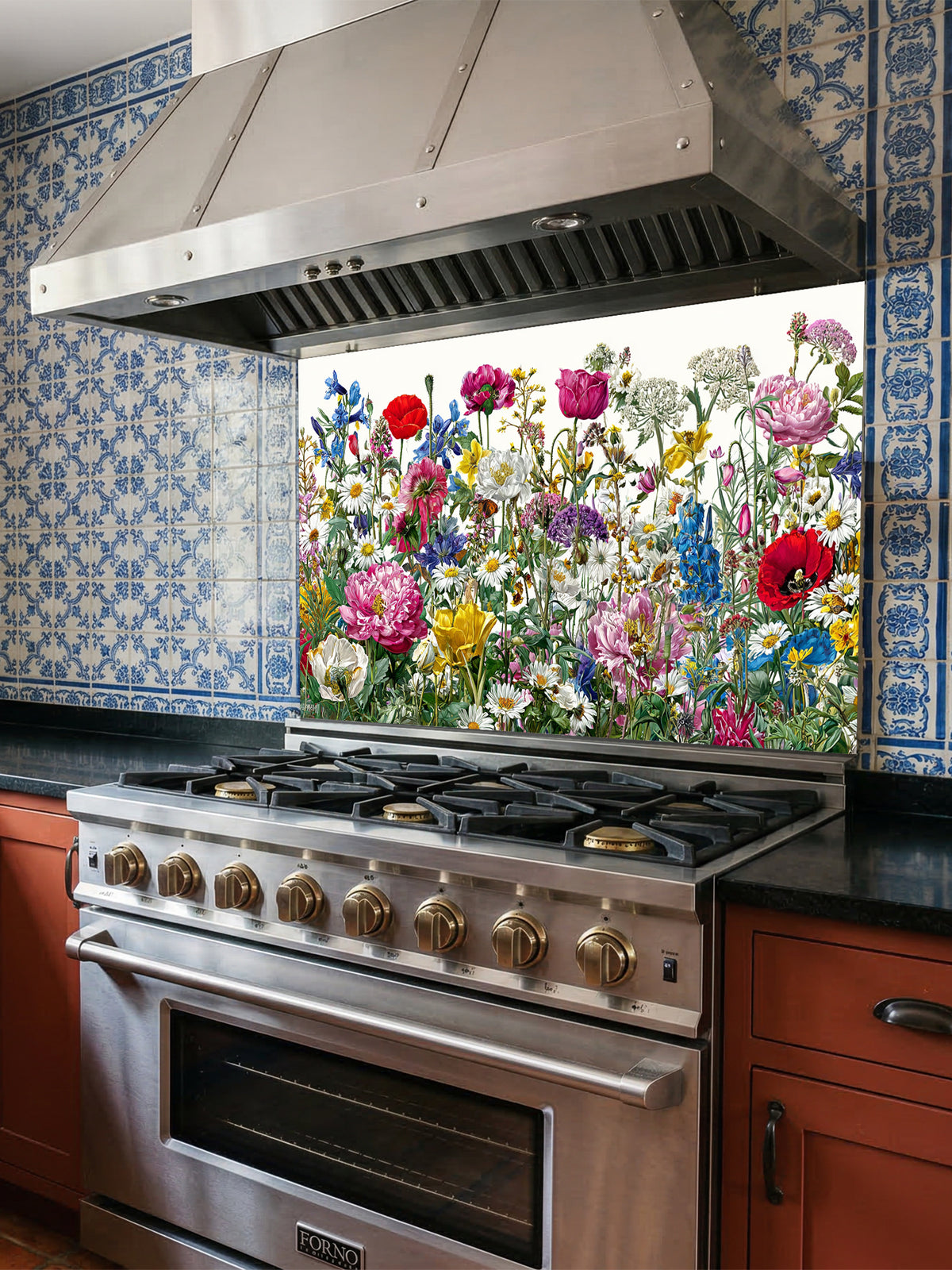 Vibrant spring meadow pattern featuring colorful wildflowers, red poppies, and daisies on a crisp white background, UV printed on a smooth tempered glass kitchen backsplash.