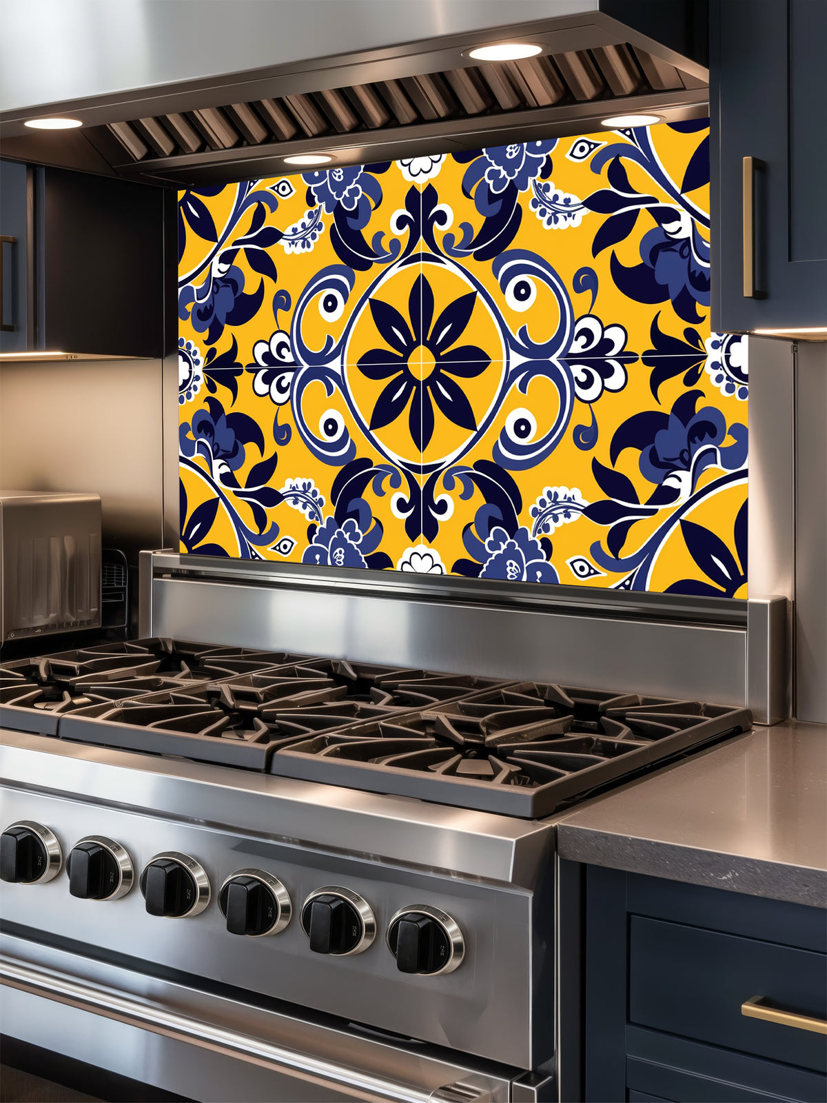 Vibrant traditional Talavera style faux tile pattern in bright yellow, deep navy blue, and white, UV printed on a smooth tempered glass kitchen backsplash.